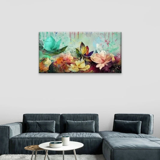 Vibrant Floral Teal Flowers Wall Art Canvas Office Home Room Framed 80x45cm