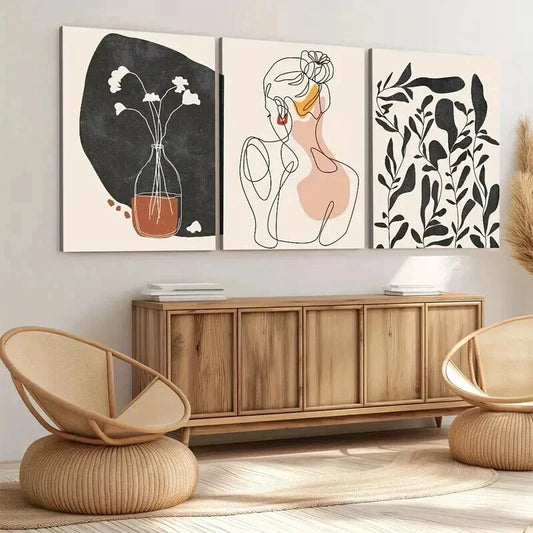 3pcs Abstract Single Line Girl Silhouette Floral Wall Art Set Canvas Framed 40x60cm - High Quality Print 100% Australian Made Wall Canvas Ready to Hang