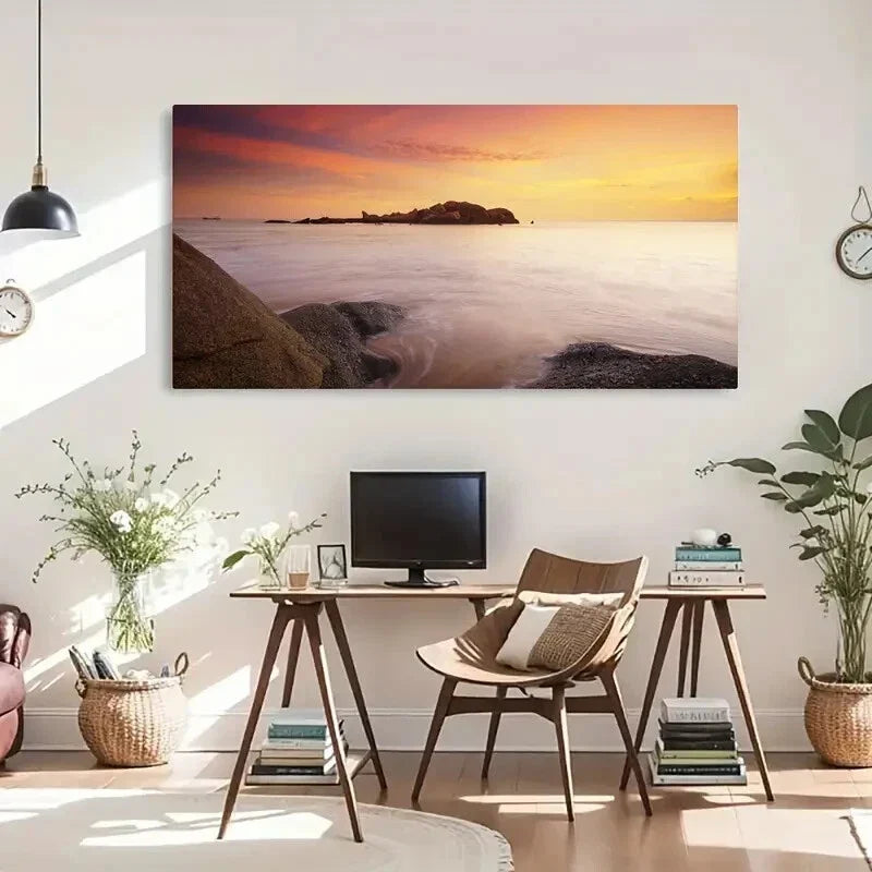 Ocean & Seashore View Sun Sky Wall Art Canvas Office Home Room Framed 120x60cm