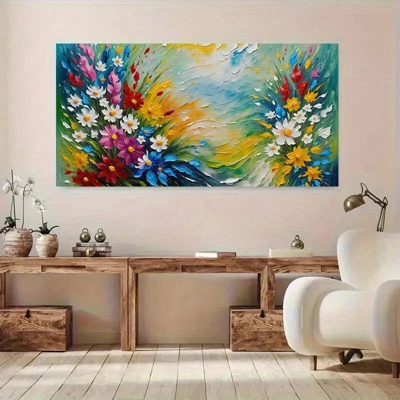 Vibrant Multicolor Flower Bold Wall Art Canvas Office Home Room Framed 80x45cm