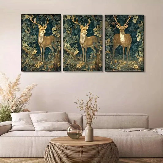 3pcs Golden - deer in Forest Triptych Wall Art Set Canvas Framed 40x60cm - High Quality Print 100% Australian Made Wall Canvas Ready to Hang