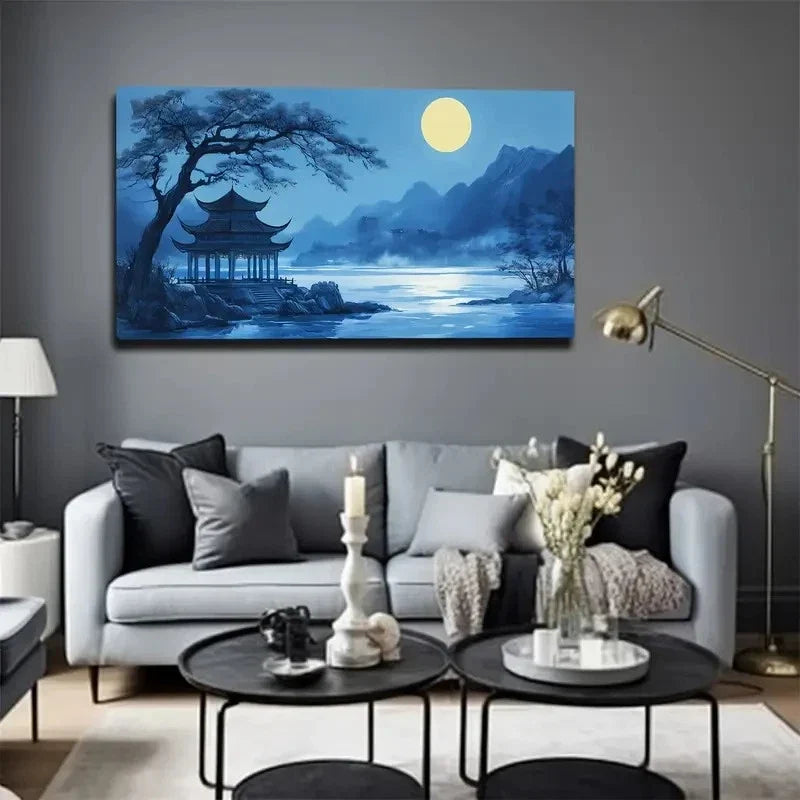 Blue With A Moonlit Night Sky Wall Art Canvas Office Home Room Framed 80x45cm