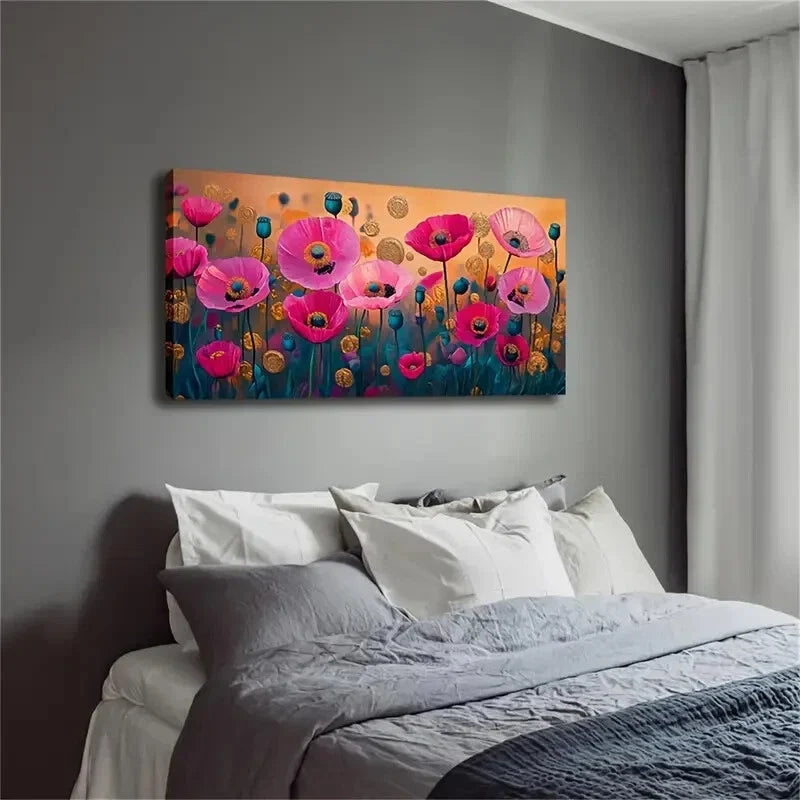 Upward Growing Poppy Field Wall Art Canvas Office Home Room Framed 120x60cm