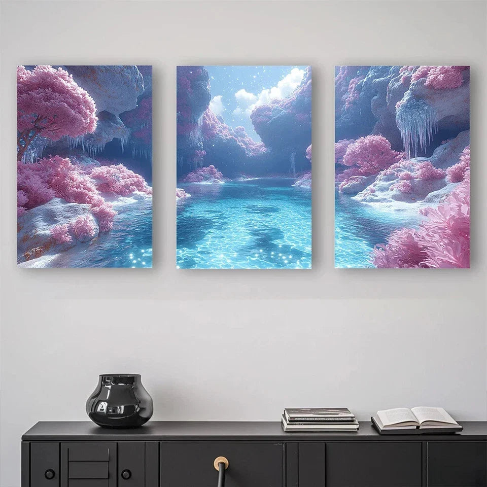 3pcs Magical Pink Trees and River Metal Print Ready to Hang Art