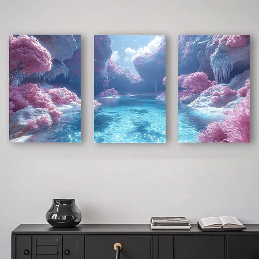 3pcs Magical Pink Trees and River Metal Print Ready to Hang Art
