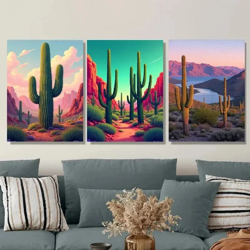 3pcs Desert Cactus Triptych Vibrant Modern Metal Print Ready to Hang Art
