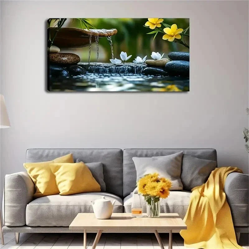 Smooth Stones Yellow Flowers Wall Art Canvas Office Home Room Framed 80x45cm