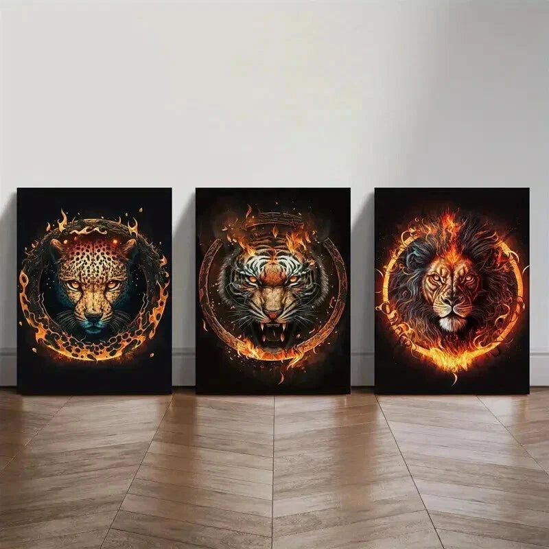 3pcs Fire Leopard Head And Tiger Lion Wall Art Set Canvas Framed 40x60cm - High Quality Print 100% Australian Made Wall Canvas Ready to Hang
