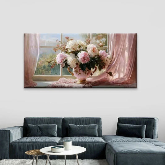 Pink Floral Vase Wall Art Canvas Office Home Room Framed 80x45cm
