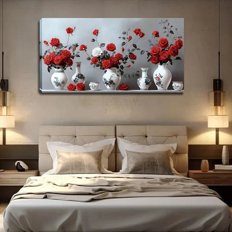 White Porcelain Vases Roses Wall Art Canvas Office Home Room Framed 120x60cm