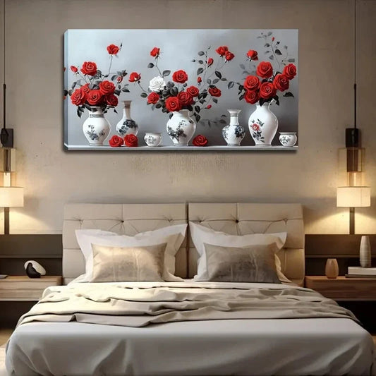 White Porcelain Vases Roses Wall Art Canvas Office Home Room Framed 120x60cm