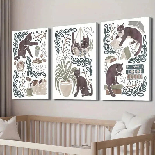 3pcs Cat Posters with Coffee & Indoor Scenes Wall Art Set Canvas Framed 40x60cm - High Quality Print 100% Australian Made Wall Canvas Ready to Hang