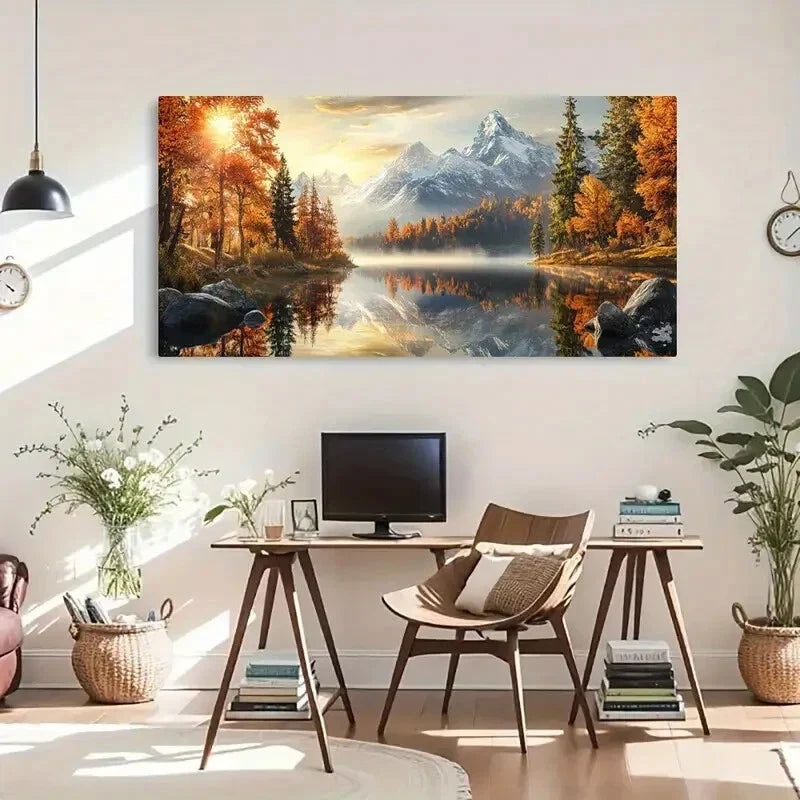 Golden Trees Snowy Peaks Autumn Wall Art Canvas Office Home Room Framed 80x45cm