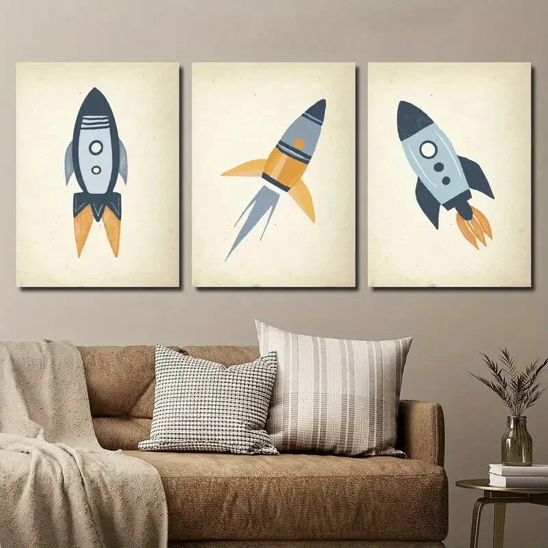 3pcs Rocket Planet Vintage Outer Space Metal Print Ready to Hang Art