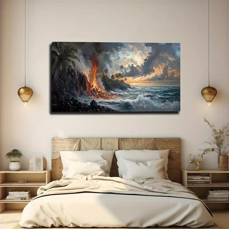 Dramatic Volcano & Ocean Lands Wall Art Canvas Office Home Room Framed 120x60cm