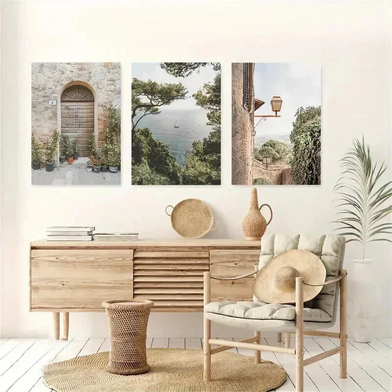 3pcs Mediterranean Landscape with Stone Door Wall Art Set Canvas Framed 40x60cm - High Quality Print 100% Australian Made Wall Canvas Ready to Hang