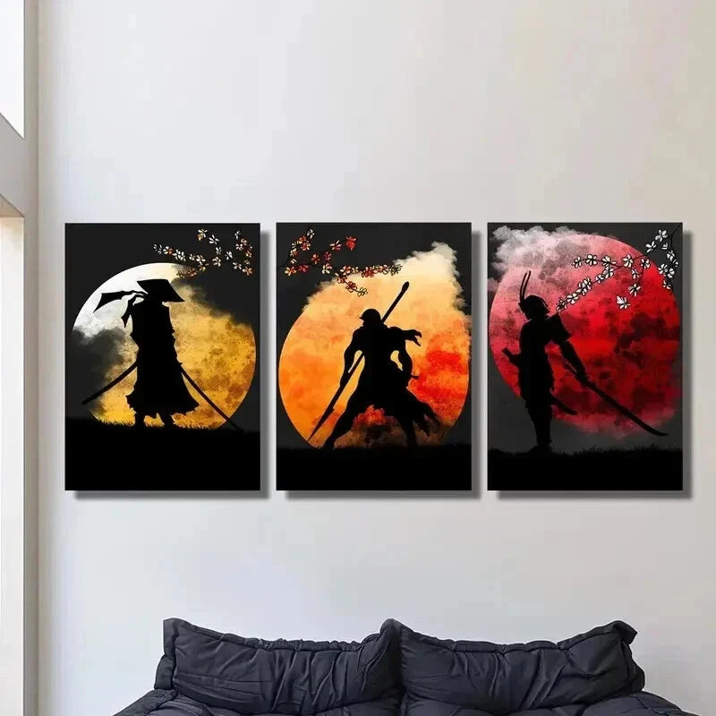 3pcs Epic Samurai & Floral Ink Illustrations Wall Art Set Canvas Framed 40x60cm - High Quality Print 100% Australian Made Wall Canvas Ready to Hang