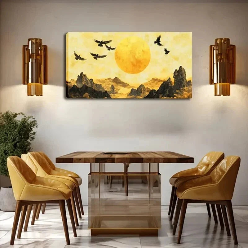 Sunset with Black Birds & Mount Wall Art Canvas Office Home Room Framed 120x60cm