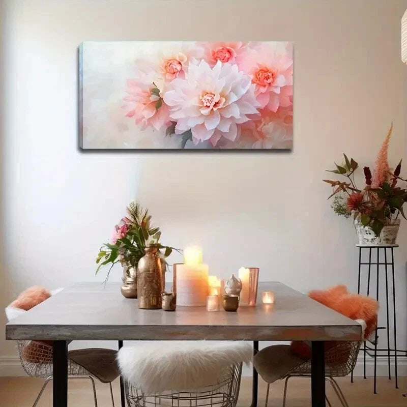 Soft Pastel Pink White Dahlia Wall Art Canvas Office Home Room Framed 120x60cm