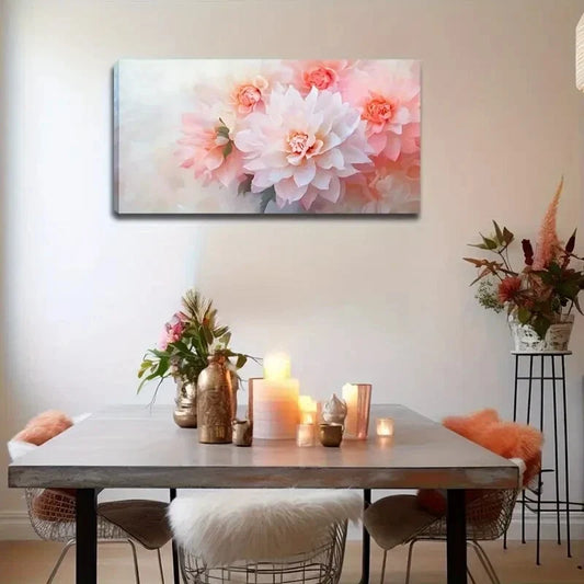 Soft Pastel Pink White Dahlia Wall Art Canvas Office Home Room Framed 120x60cm