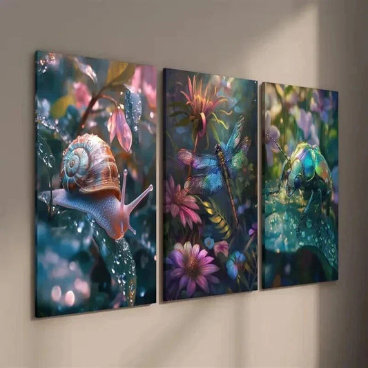 3pcs Insect Snails Beetles and & Floral Design Wall Art Set Canvas Framed 40x60cm - High Quality Print 100% Australian Made Wall Canvas Ready to Hang