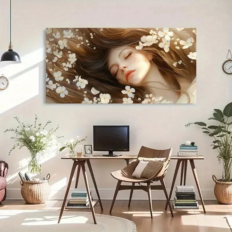 Sleeping Woman & White Flowers Wall Art Canvas Office Home Room Framed 120x60cm