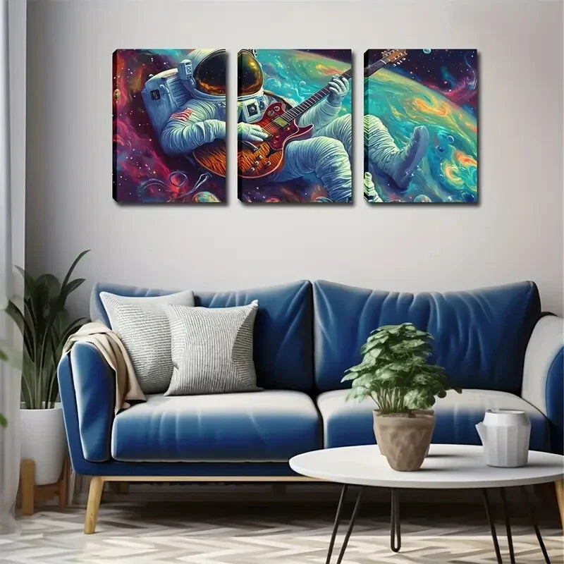 3pcs Astronaut Playing Guitar in Space Wall Art Set Canvas Framed 40x60cm - High Quality Print 100% Australian Made Wall Canvas Ready to Hang