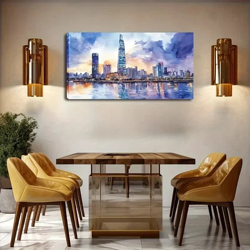 Modern Urban Skyline at Sunset Wall Art Canvas Office Home Room Framed 120x60cm