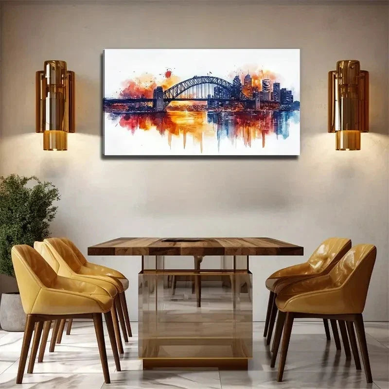 Watercolor Iron Bridge City Wall Art Canvas Office Home Room Framed 80x45cm