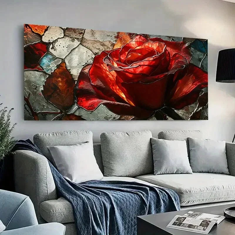 Red Rose & Mosaic Glass Wall Art Canvas Office Home Room Framed 120x60cm
