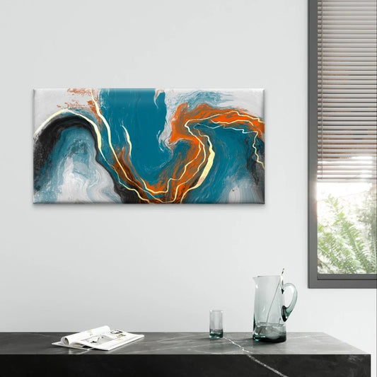 Blue, Orange and Gold Abstract Fluid Wall Art Canvas Office Home Framed 80x45cm