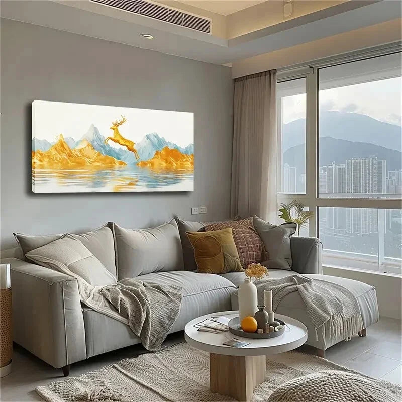 Majestic Golden Deer Jumping Wall Art Canvas Office Home Room Framed 120x60cm