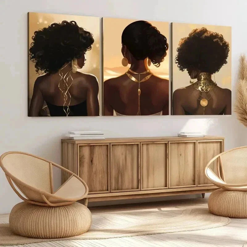 3pcs Modern Art Black Woman Portrait Boho Chic Wall Art Set Canvas Framed 40x60cm - High Quality Print 100% Australian Made Wall Canvas Ready to Hang