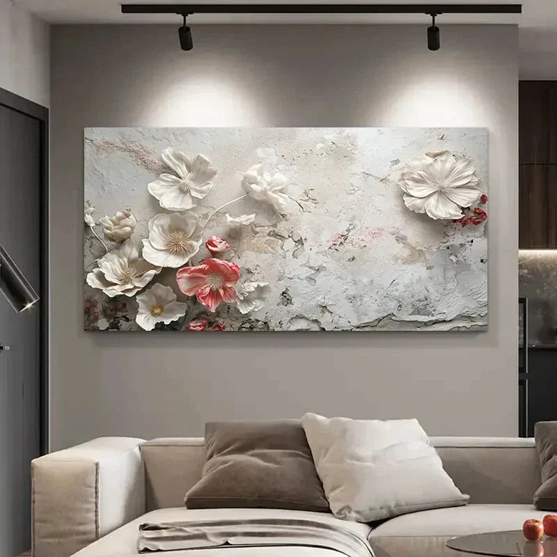 Red Flowers on Gray Textured Wall Art Canvas Office Home Room Framed 80x45cm