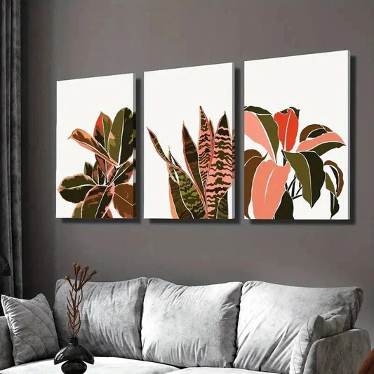 3pcs Tropical Natural Pink & Green Leaves Wall Art Set Canvas Framed 40x60cm - High Quality Print 100% Australian Made Wall Canvas Ready to Hang