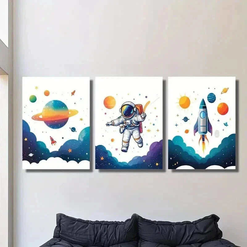 3pcs Cute Astronaut Traveling Planet & Rockets Wall Art Set Canvas Framed 40x60cm - High Quality Print 100% Australian Made Wall Canvas Ready to Hang