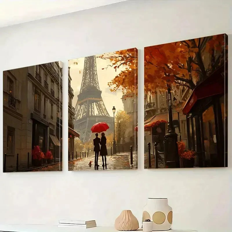 3pcs Modern Couple Walking Near Eiffel Tower Wall Art Set Canvas Framed 40x60cm - High Quality Print 100% Australian Made Wall Canvas Ready to Hang