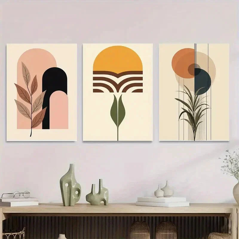 3pcs Modern Abstract Boho Style Yellow Metal Print Ready to Hang Art