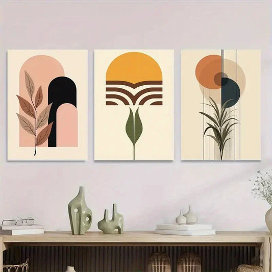 3pcs Modern Abstract Boho Style Yellow Metal Print Ready to Hang Art
