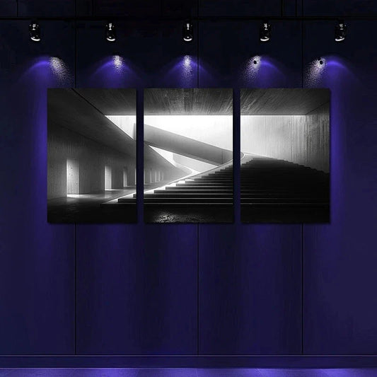 3pcs Black & White Steps White Lights Modern Style Metal Print Ready to Hang Art