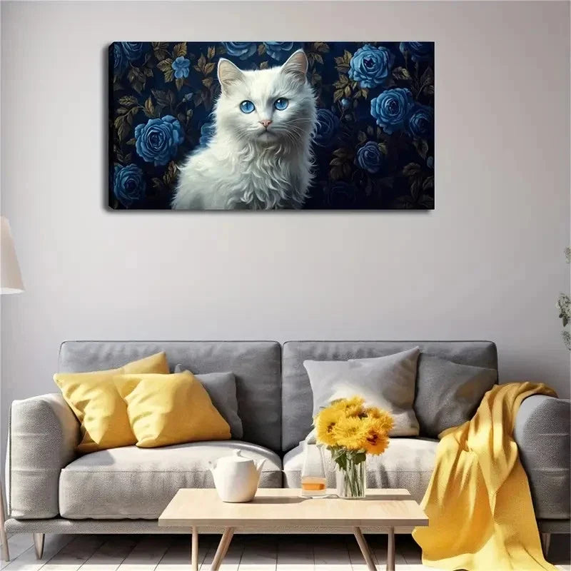 Elegant Blue-Eyed White Cat Wall Art Canvas Office Home Room Framed 120x60cm