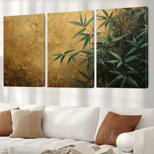 3pcs Green Leaves on Golden Background Wall Art Set Canvas Framed 40x60cm - High Quality Print 100% Australian Made Wall Canvas Ready to Hang