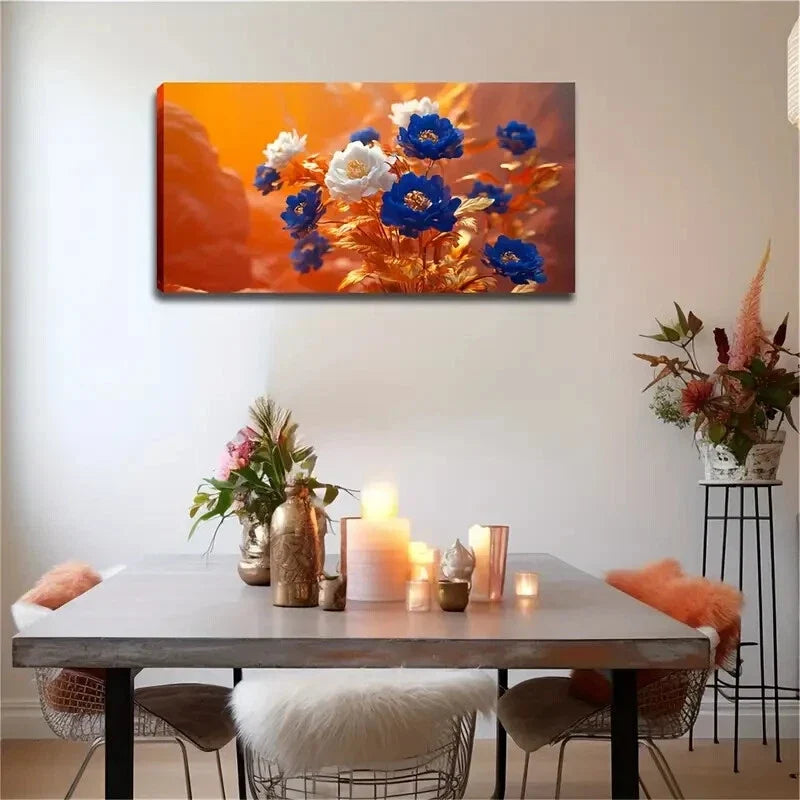 White Floral Design with Golden Wall Art Canvas Office Home Room Framed 120x60cm
