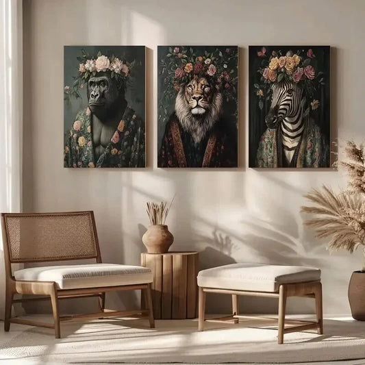 3pcs Floral Animal Portrait Majestic Animals Metal Print Ready to Hang Art