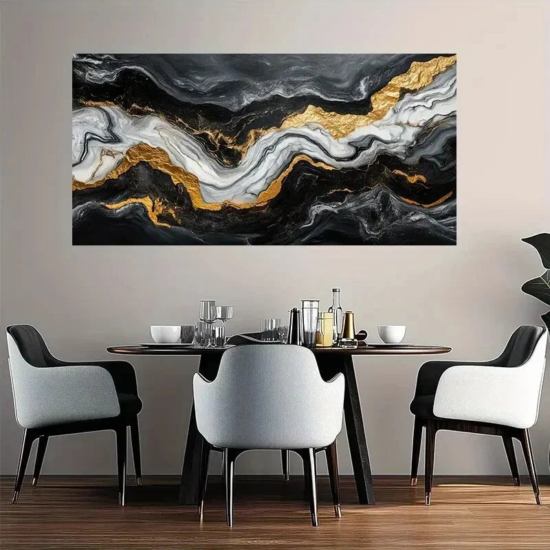 Black and Golden Fluid Marble Wall Art Canvas Office Home Room Framed 120x60cm