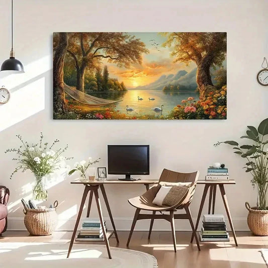 Tranquil Boat Golden Sunset Wall Art Canvas Office Home Room Framed 120x60cm