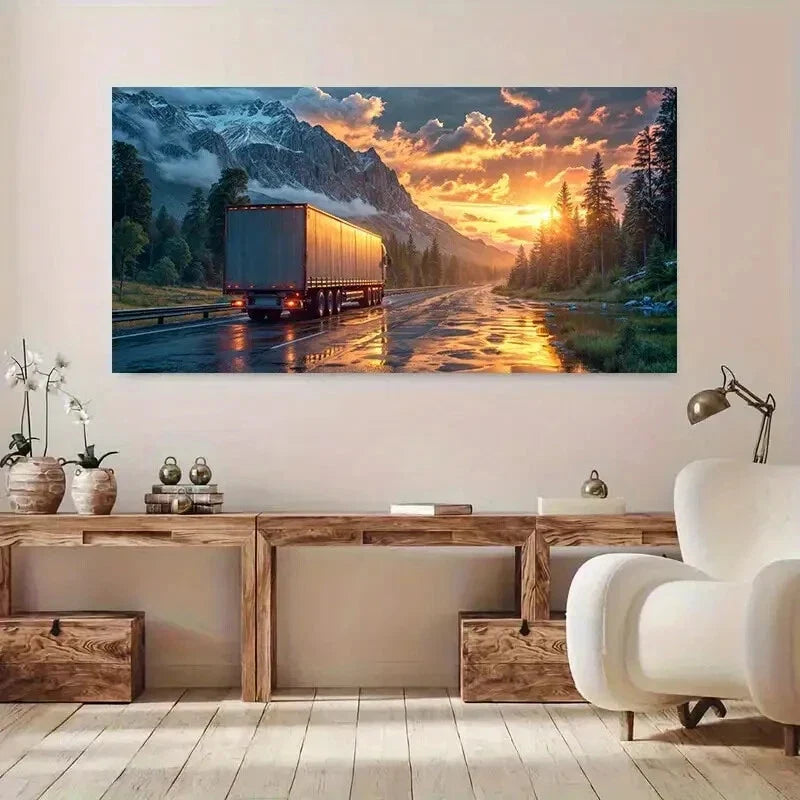 Scenic Mountain Truck Sunset Wall Art Canvas Office Home Room Framed 80x45cm