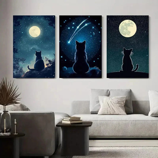3pcs Cat in the Night Sky Starry Night Cat Metal Print Ready to Hang Art
