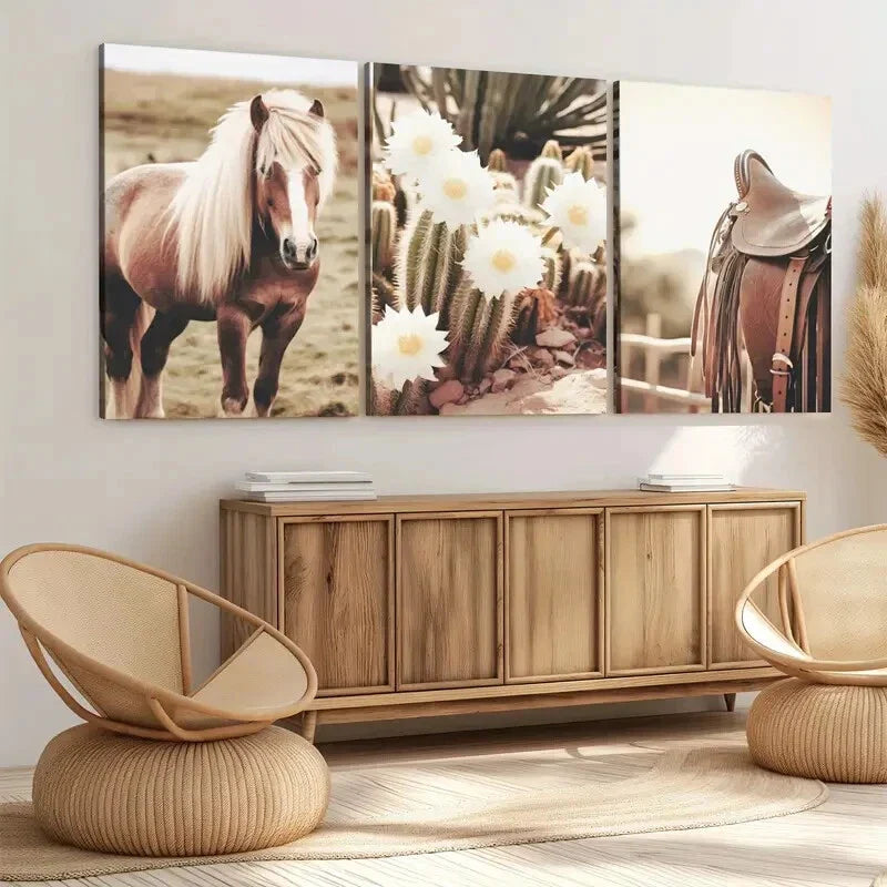 3pcs Rustic Cowboy Farmhouse Horse and Cactus Wall Art Set Canvas Framed 40x60cm - High Quality Print 100% Australian Made Wall Canvas Ready to Hang