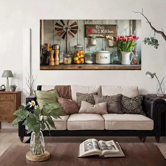 Kitchen Decor Windmill Sign Wall Art Canvas Office Home Room Framed 80x45cm